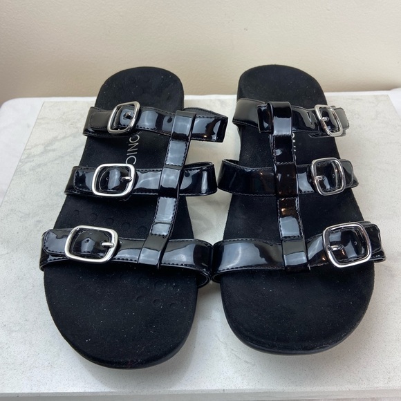 VIONIC MISA Three Straps Black Orthotic Patent Slip On Mule Sandals - Picture 3 of 7